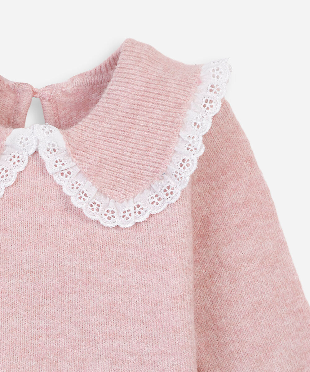 suéter infantil de tricot com gola peter pan e renda rosa