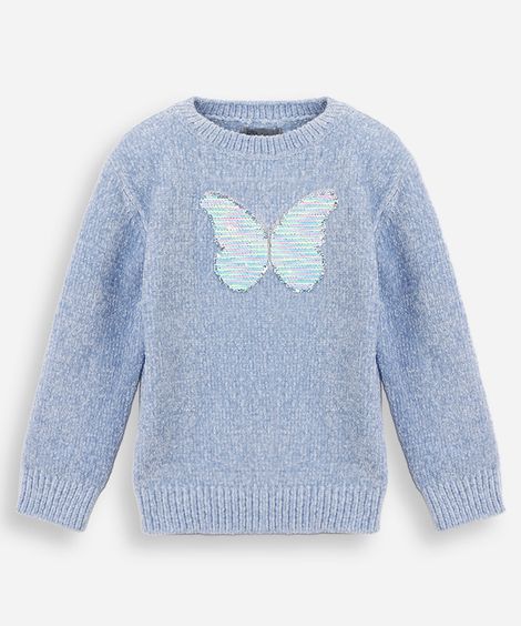 suéter infantil de tricot chenille com bordado de paetê azul