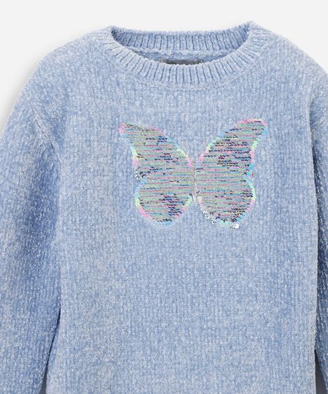 suéter infantil de tricot chenille com bordado de paetê azul