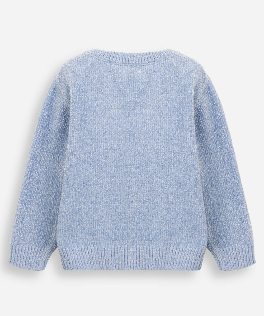 suéter infantil de tricot chenille com bordado de paetê azul