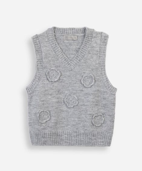 colete infantil de tricot decote v com flores cinza