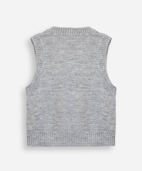 colete infantil de tricot decote v com flores cinza