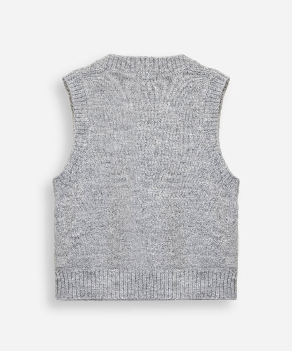 colete infantil de tricot decote v com flores cinza