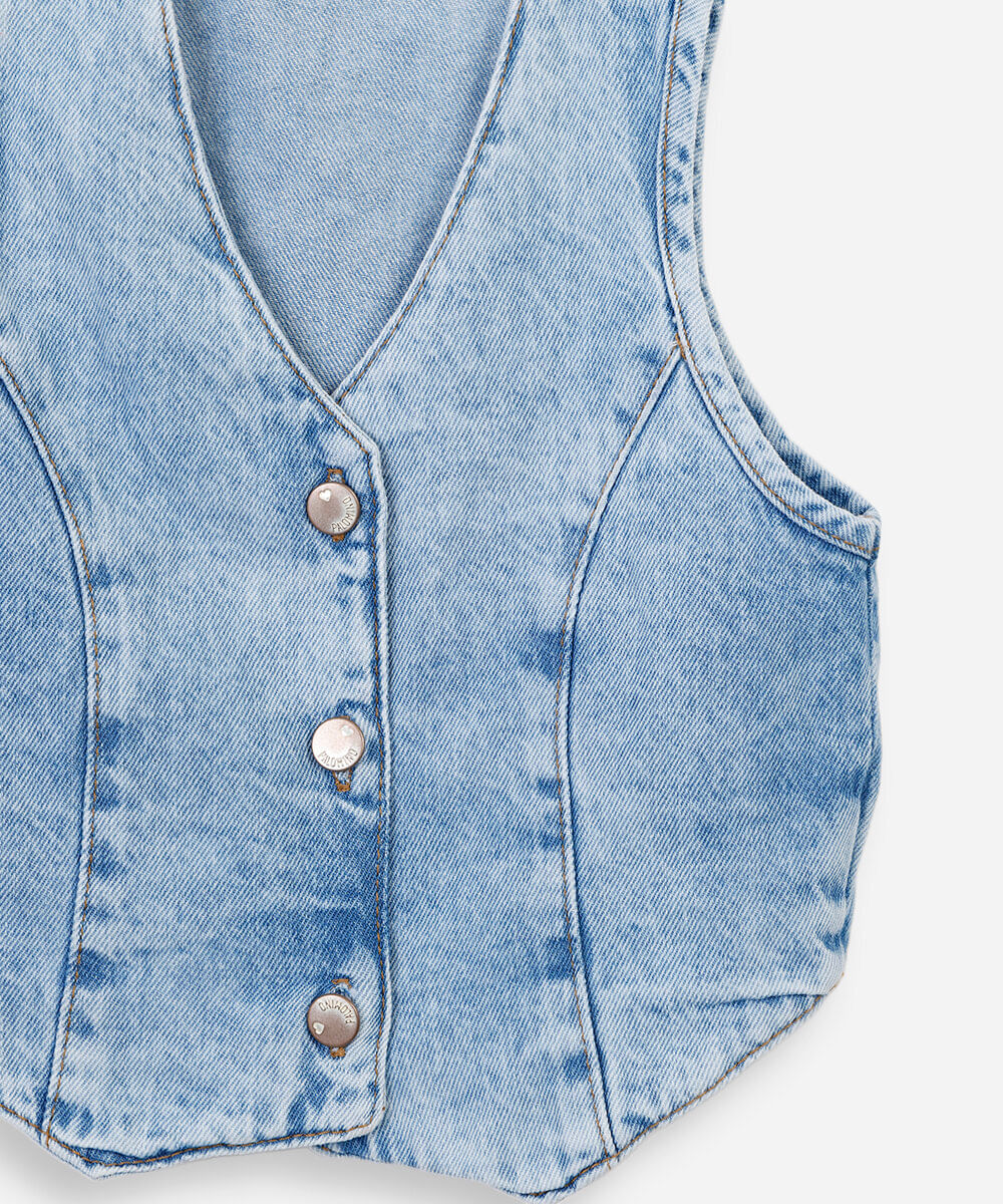 colete infantil jeans decote v azul