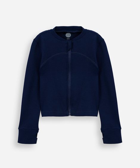 jaqueta infantil de poliamida com recortes canelada azul