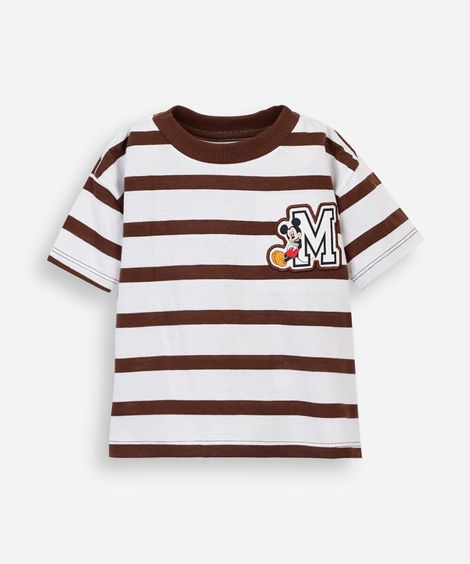 camiseta infantil com algodão manga curta listrada mickey marrom