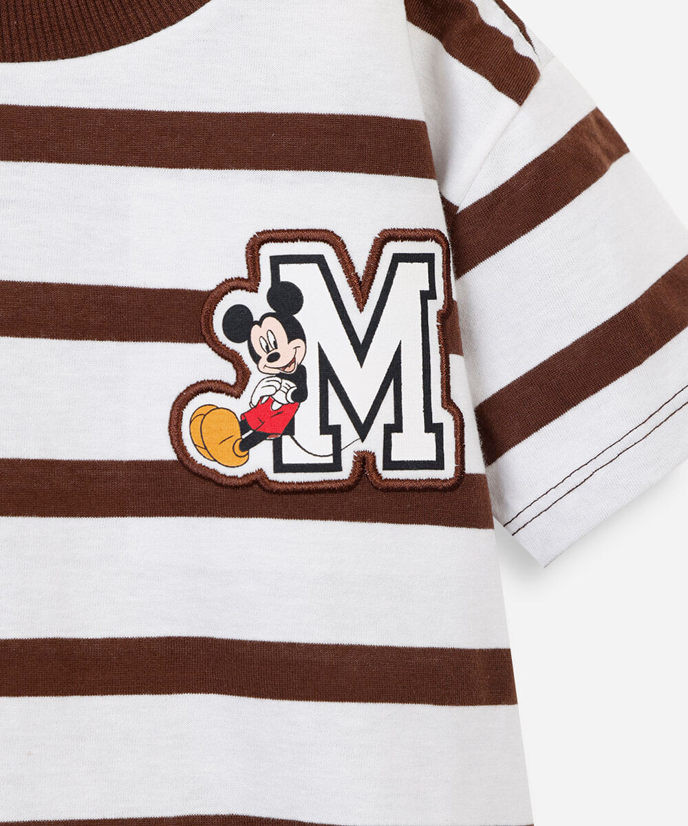 camiseta infantil com algodão manga curta listrada mickey marrom