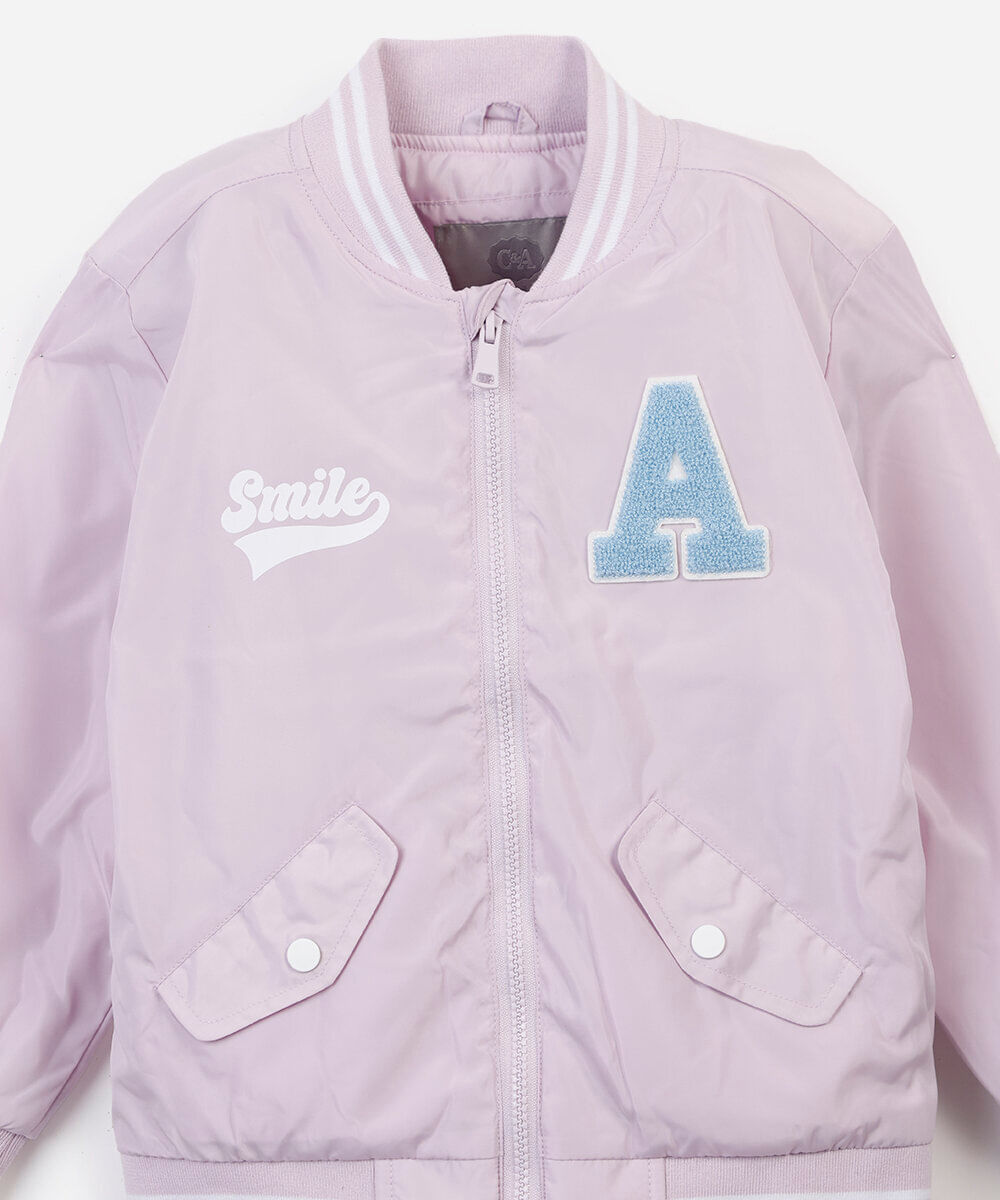 jaqueta bomber college infantil com bordado rosa