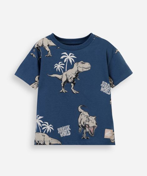 camiseta infantil de algodão manga curta jurassic park azul