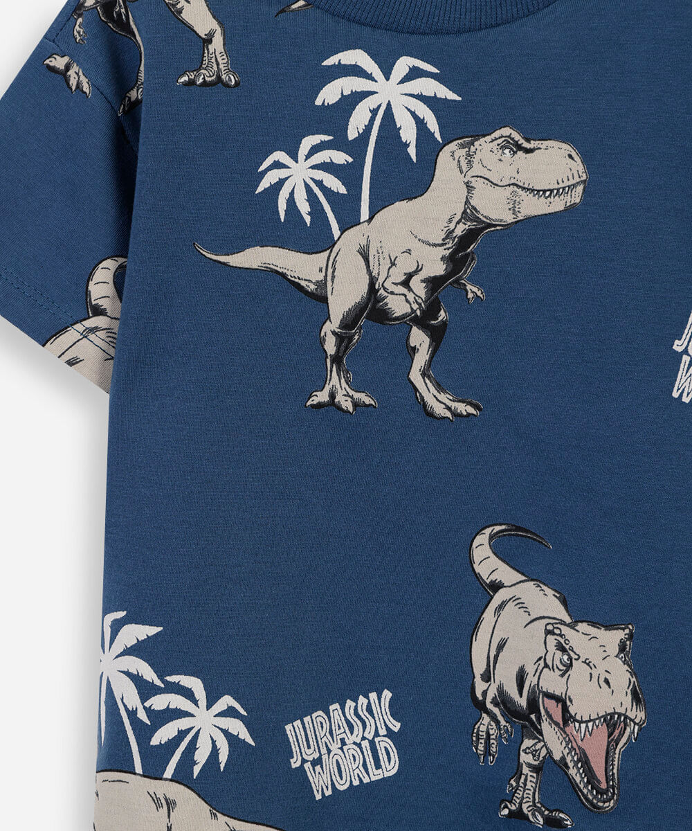 camiseta infantil de algodão manga curta jurassic park azul