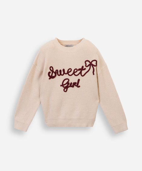 suéter infantil de tricot com bordado bege