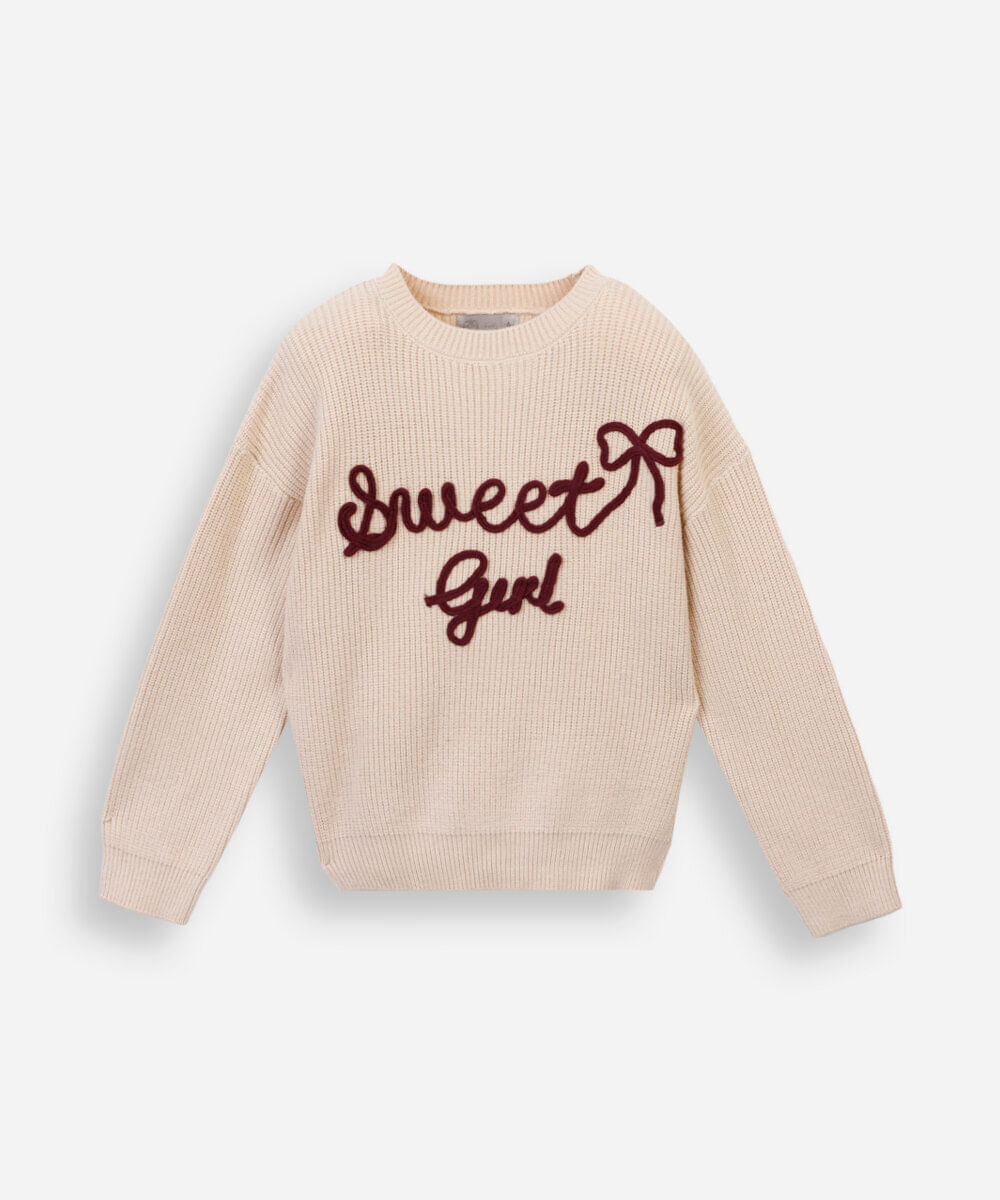 suéter infantil de tricot com bordado bege
