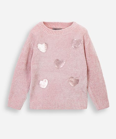 suéter infantil de tricot chenille corações com paetê rosa