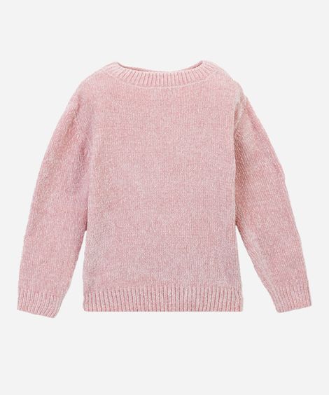 suéter infantil de tricot chenille corações com paetê rosa