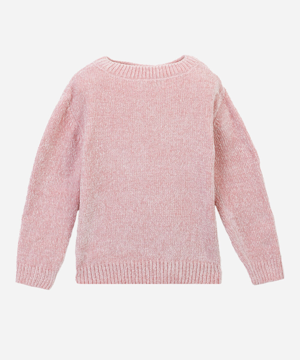 suéter infantil de tricot chenille corações com paetê rosa