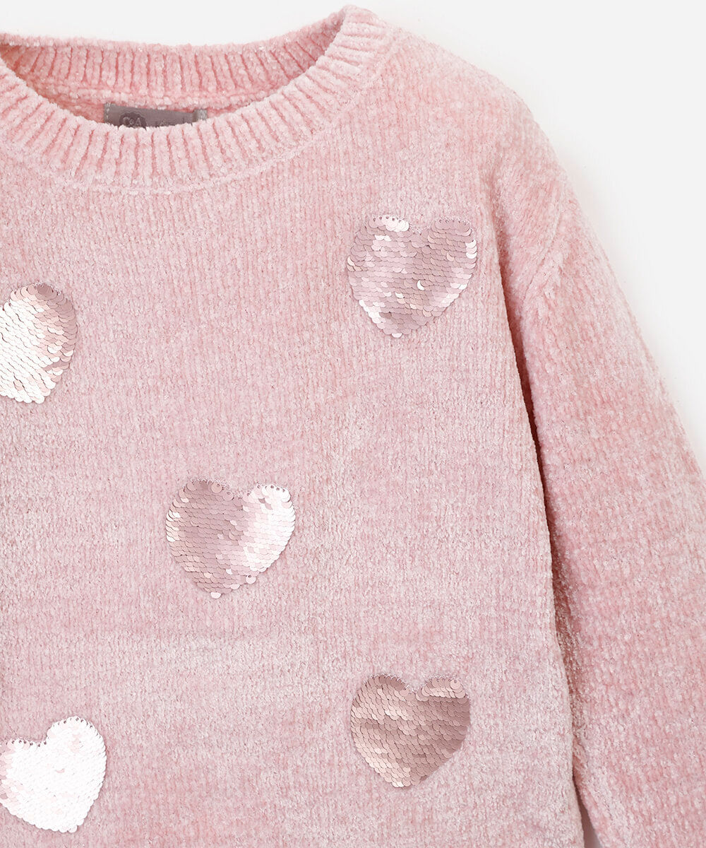 suéter infantil de tricot chenille corações com paetê rosa