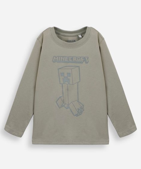 camiseta infantil de algodão manga longa minecraft verde