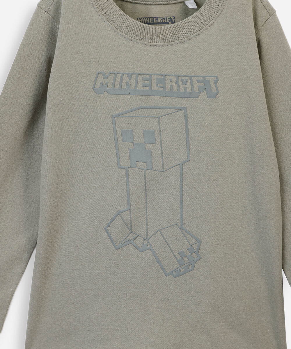 camiseta infantil de algodão manga longa minecraft verde