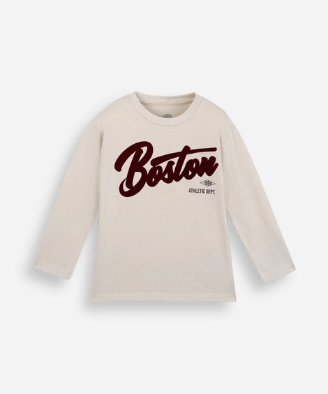 camiseta infantil de algodão manga longa estampada bege