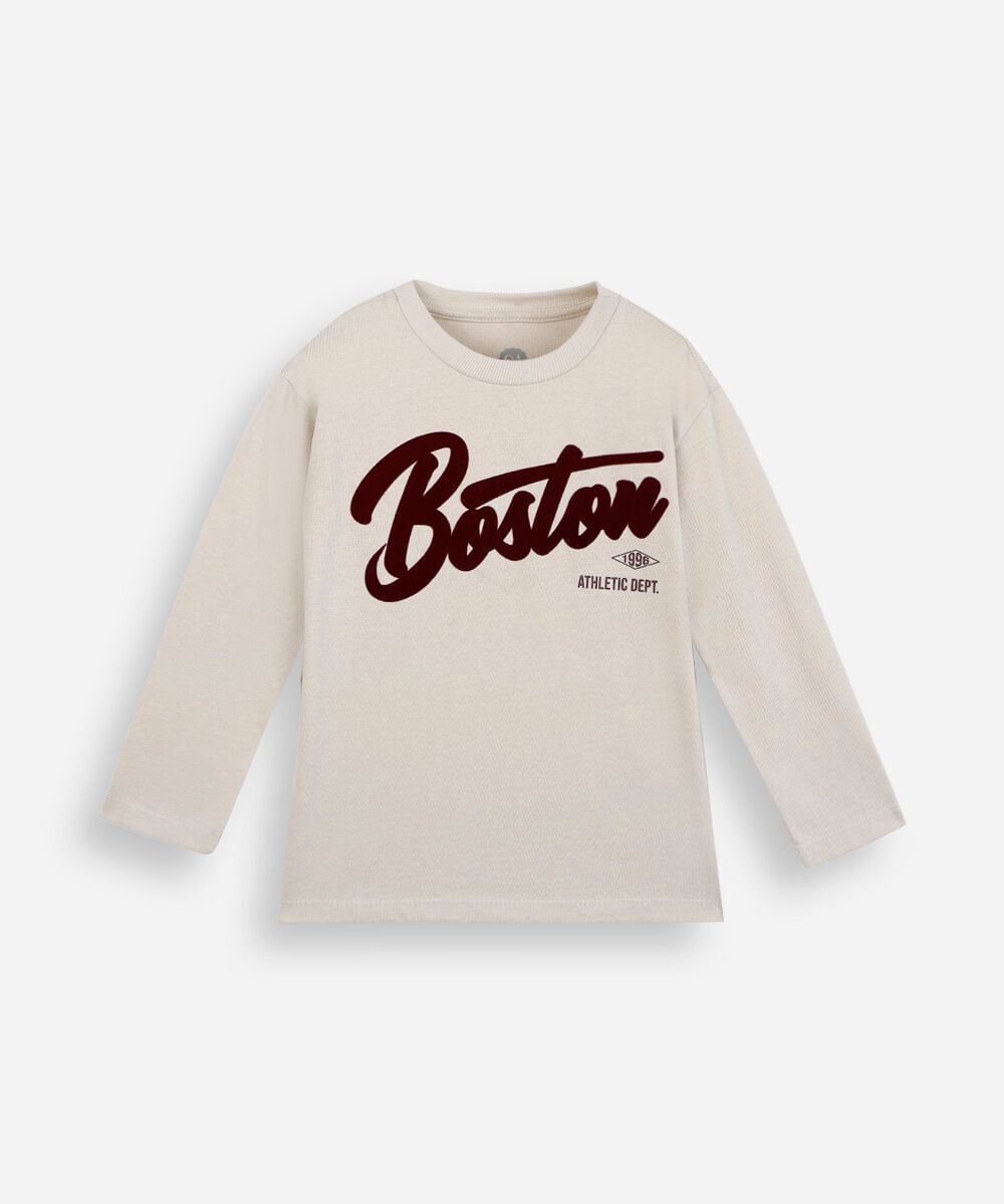 camiseta infantil de algodão manga longa estampada bege