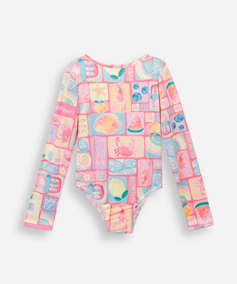 maiô infantil manga longa com recorte estampado rosa