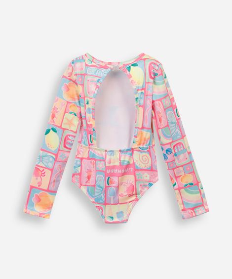 maiô infantil manga longa com recorte estampado rosa