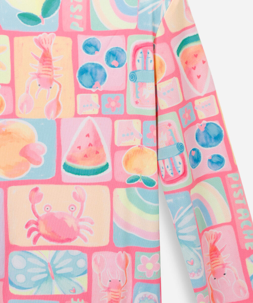 maiô infantil manga longa com recorte estampado rosa