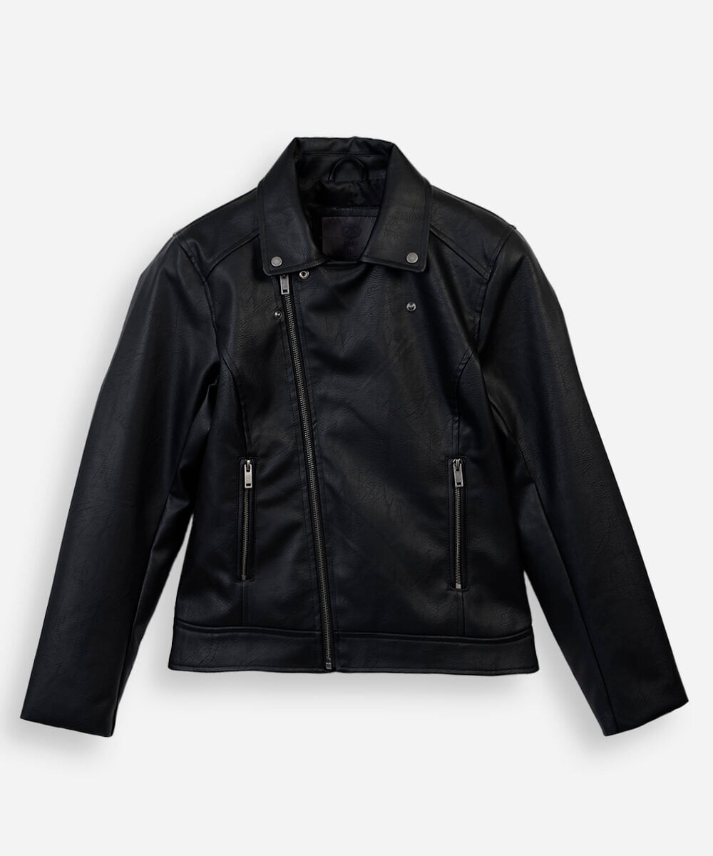 jaqueta biker juvenil de pu com bolsos preta