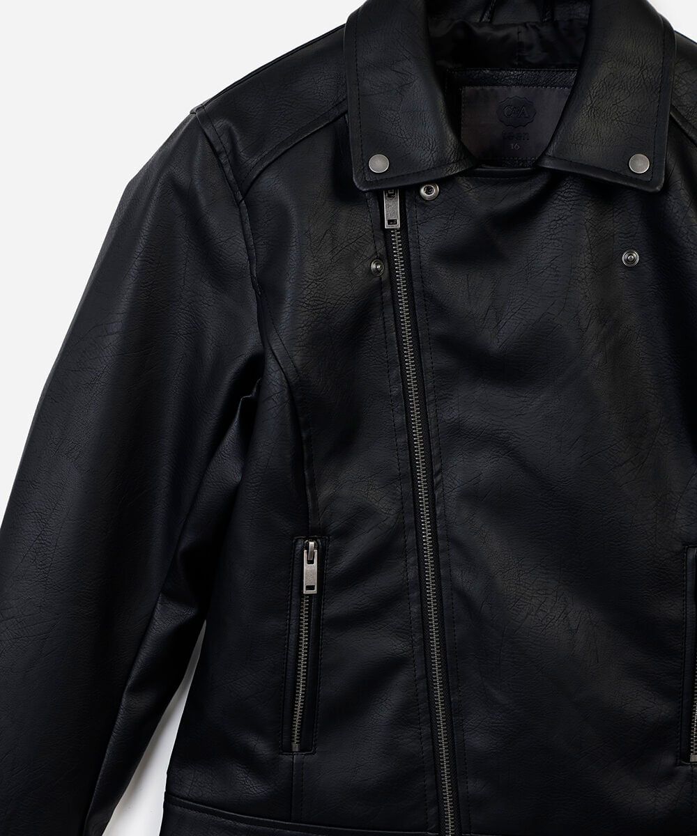 jaqueta biker juvenil de pu com bolsos preta