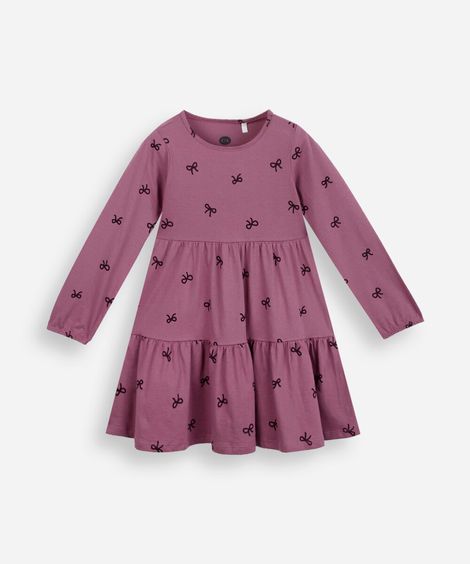 vestido infantil de algodão manga longa com recortes laços rosa