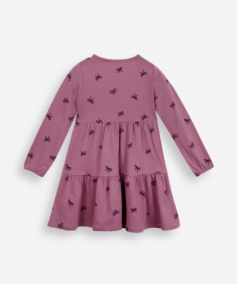vestido infantil de algodão manga longa com recortes laços rosa