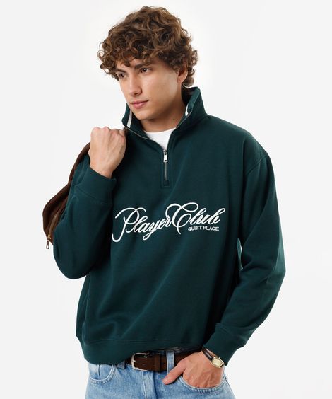 blusão masculino de moletom felpado com gola bordado verde