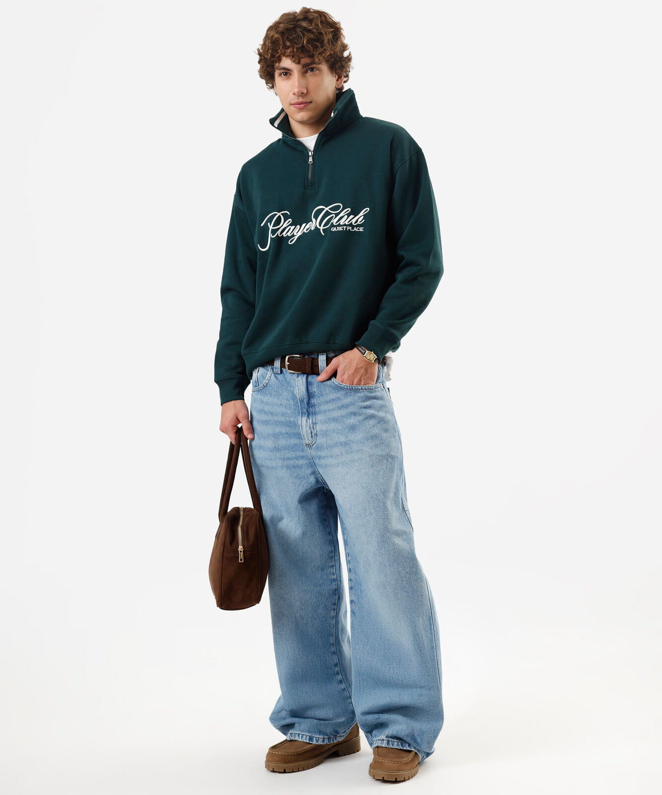 blusão masculino de moletom felpado com gola bordado verde