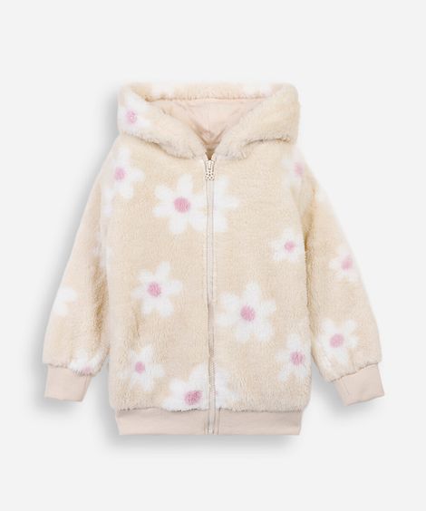 jaqueta infantil de pelúcia com capuz floral bege
