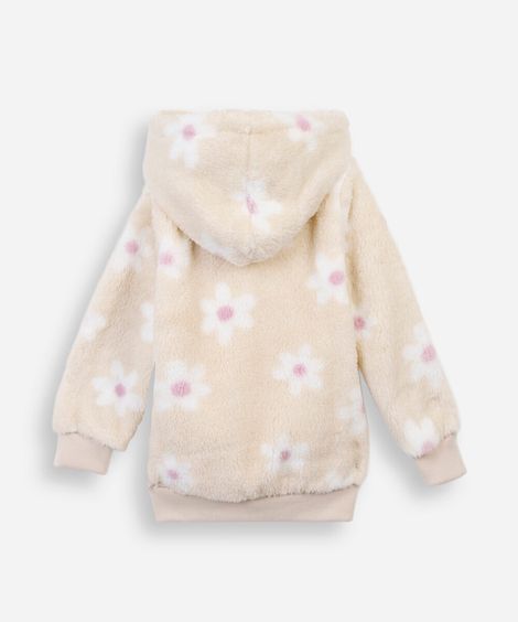 jaqueta infantil de pelúcia com capuz floral bege