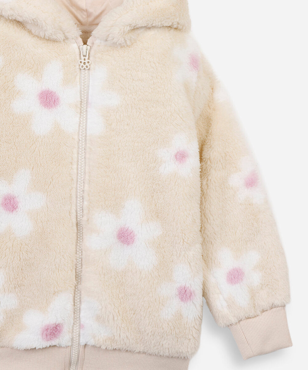 jaqueta infantil de pelúcia com capuz floral bege