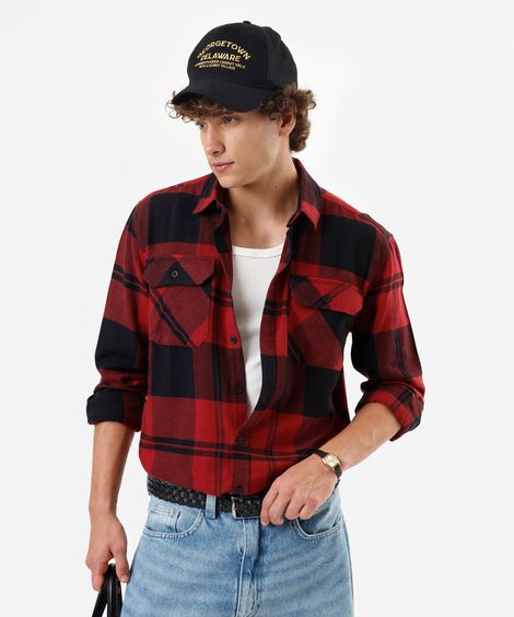 camisa masculina de algodão manga longa xadrez vermelha