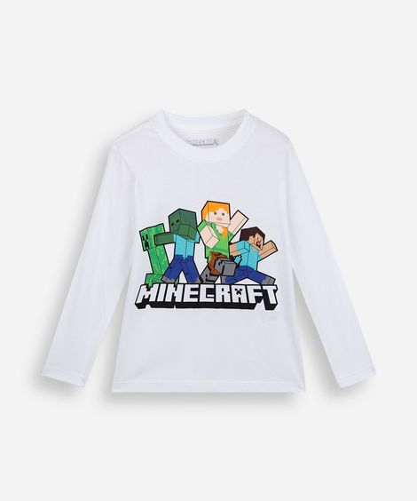 camiseta infantil de algodão manga longa minecraft off white