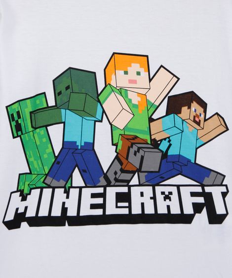 camiseta infantil de algodão manga longa minecraft off white