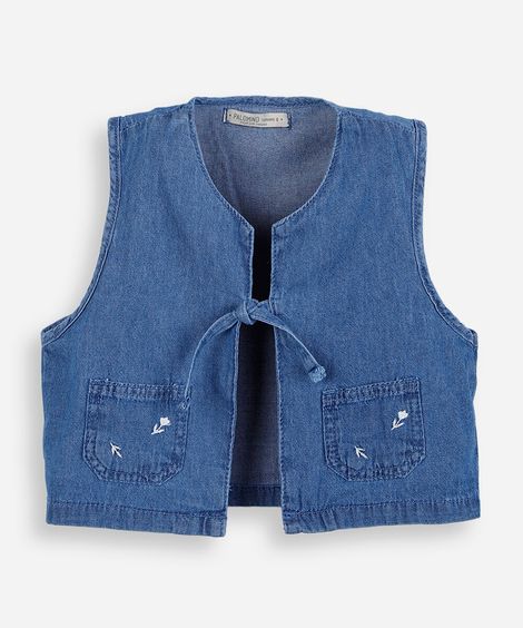 colete infantil jeans com bolsos e bordado azul