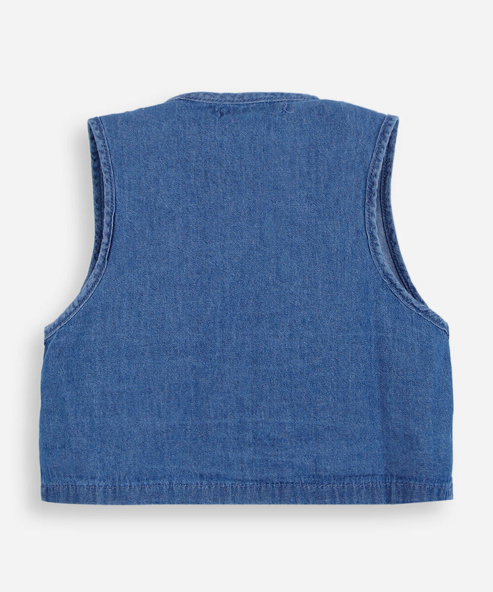 colete infantil jeans com bolsos e bordado azul