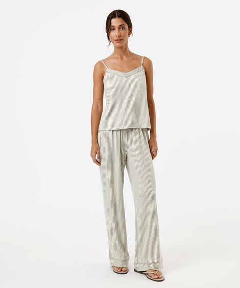 pijama longo feminino listrado com scrunchie verde