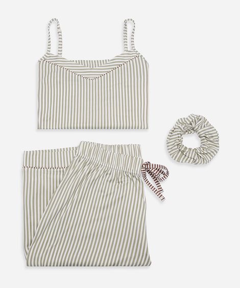 pijama longo feminino listrado com scrunchie verde