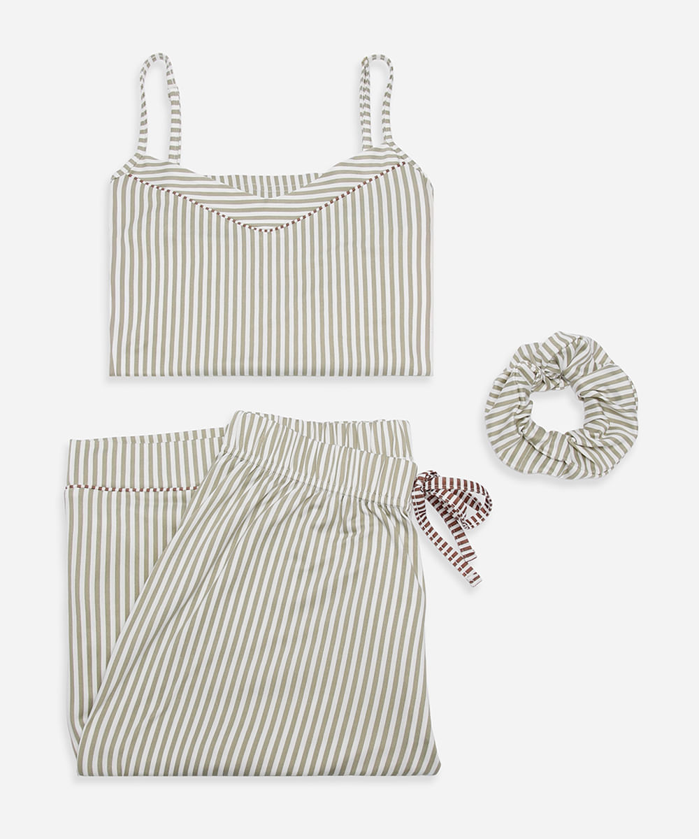pijama longo feminino listrado com scrunchie verde