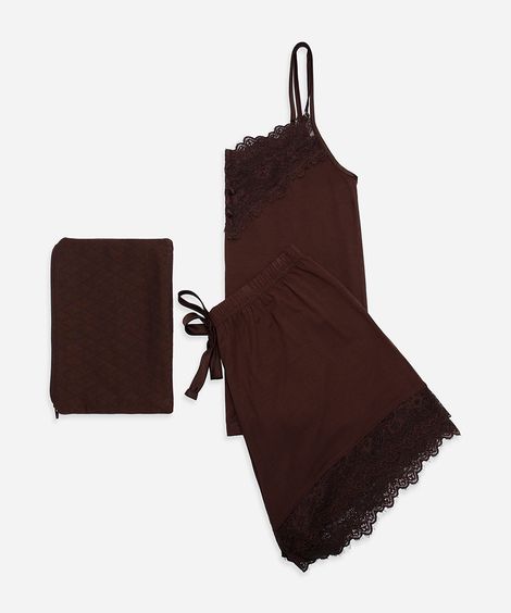 pijama short doll feminino com viscose e renda marrom