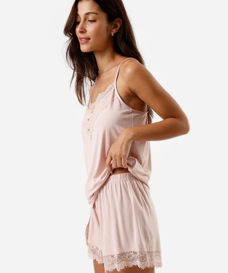 pijama short doll feminino com viscose e renda rosa