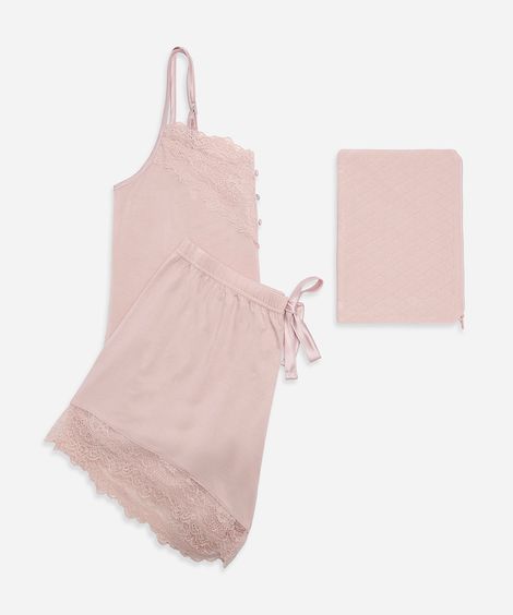 pijama short doll feminino com viscose e renda rosa