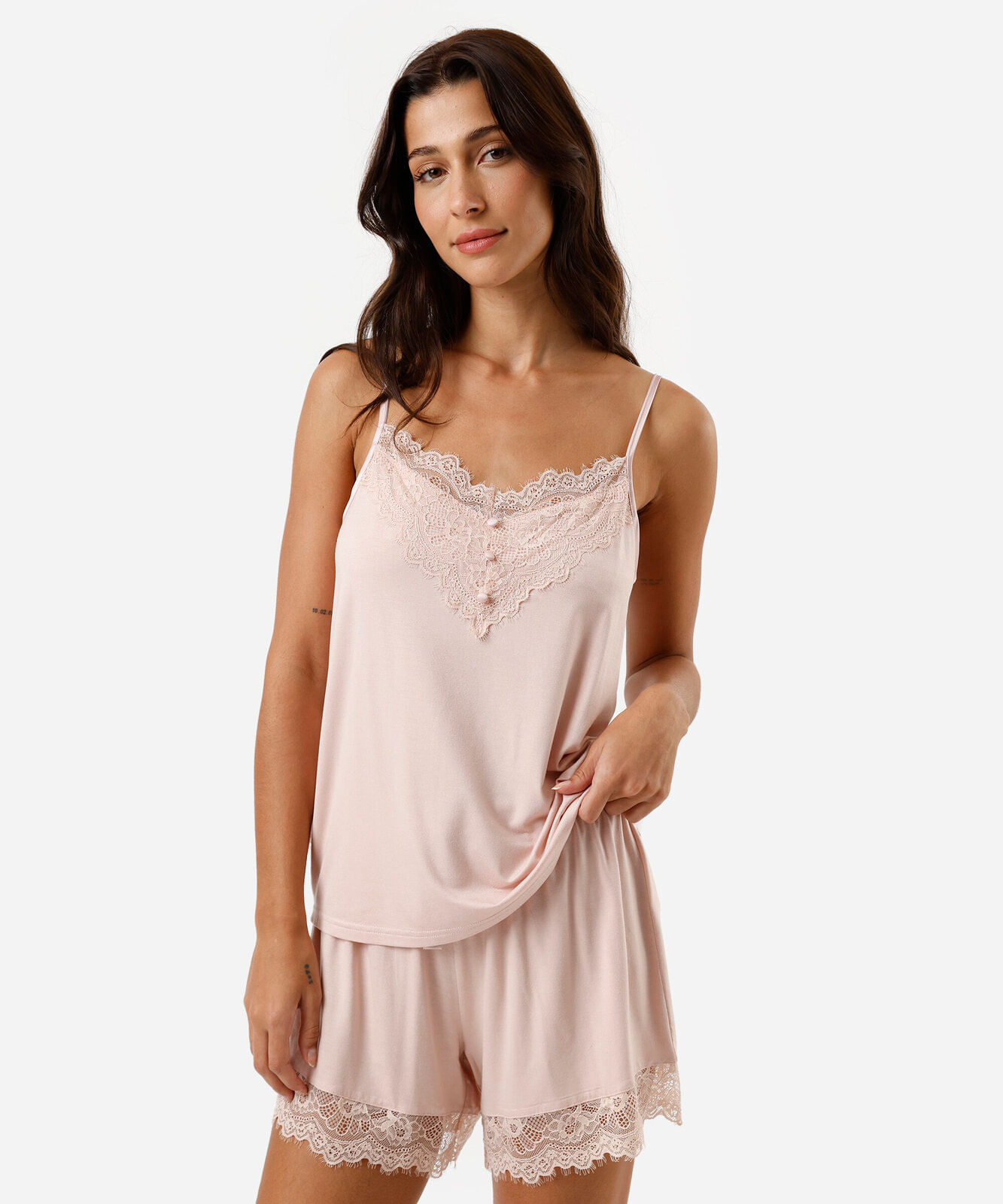 pijama short doll feminino com viscose e renda rosa