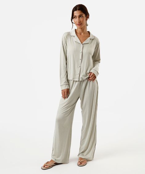 pijama longo americano listrado com scrunchie verde