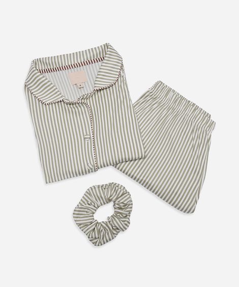 pijama longo americano listrado com scrunchie verde